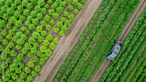 Fototapeta A black car drives through two rows of crops from an aerial perspective