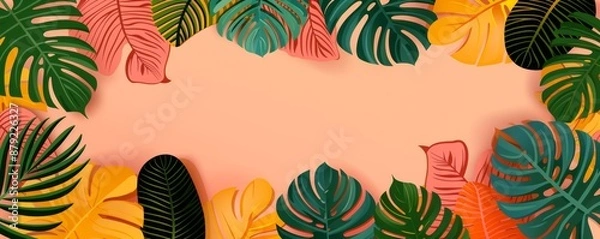 Fototapeta Colorful tropical leaves arranged in a vibrant border against a pastel orange background, perfect for summer and nature-themed designs.