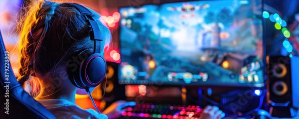 Fototapeta A girl is playing a video game on a computer. She is wearing headphones and is focused on the screen. The room is brightly lit and has a colorful atmosphere