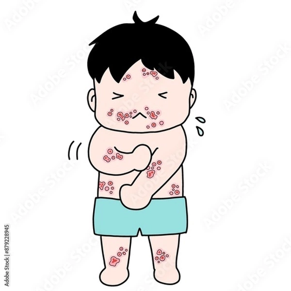 Fototapeta 伝染性膿痂疹（とびひ）にかかった子どものイラスト