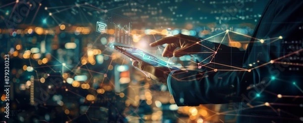 Obraz Using a tablet in a double exposure against a futuristic network-connected city technology background