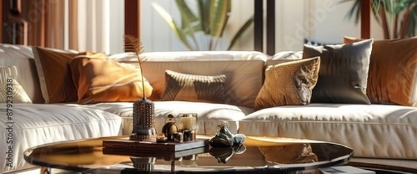 Fototapeta Stylish coffee table with knick-knacks in front of an elegant couch with pillows, creating a chic and comfortable living area