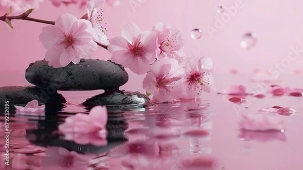 Fototapeta Zen stones, water, and Japanese cherry blossoms on a pink background with copy space. Wellness and harmony, massage and body care, spa and wellness concept.