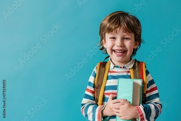 Fototapeta Smiling Schoolboy Holding a Notebook Against Blue Background Book Back to school