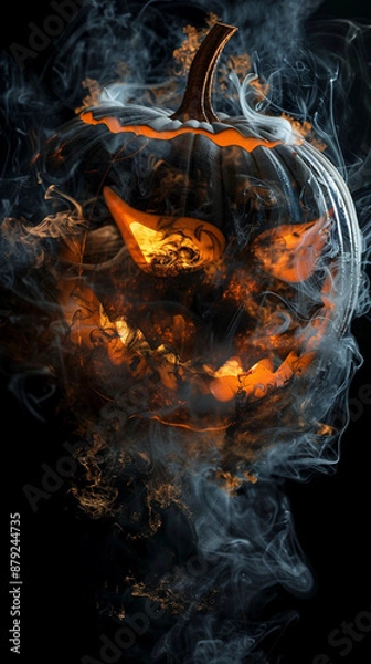 Fototapeta Fiery Jack-O'-Lantern with Smoky Effect on Black Background