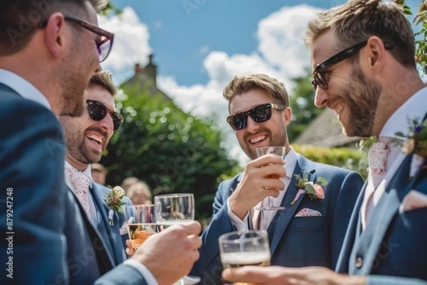 Fototapeta The groom and his groomsmen sharing a toast, with genuine smiles and laughter under a sunny sky