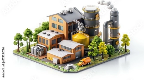 Fototapeta 3d render icons model of a factory with a truck in front of it. The factory is surrounded by trees and has a yellow building