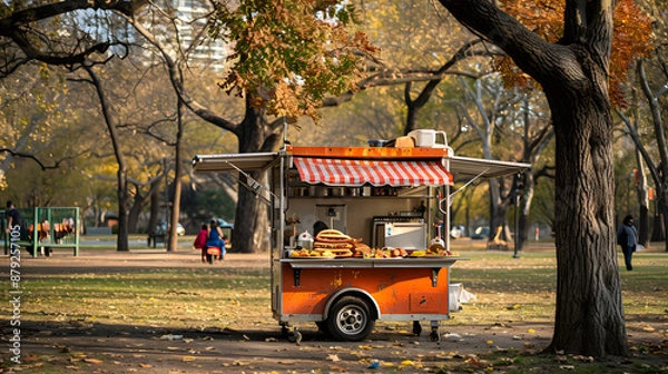 Fototapeta autumn in the park, with a hotdog cart, with copy space