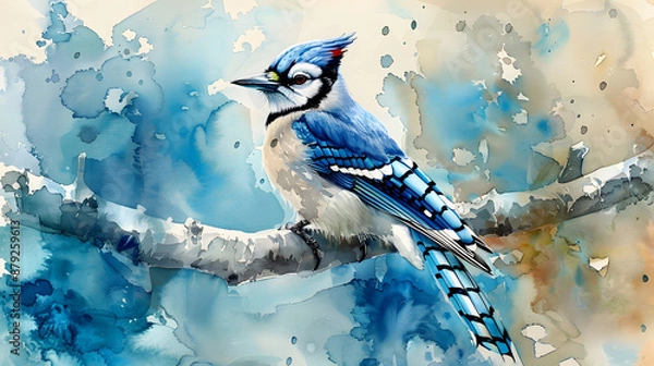 Fototapeta a watercolor of a bluejay sitting on a branch