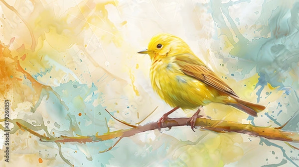 Fototapeta yellow bird on branch water painting with copy space