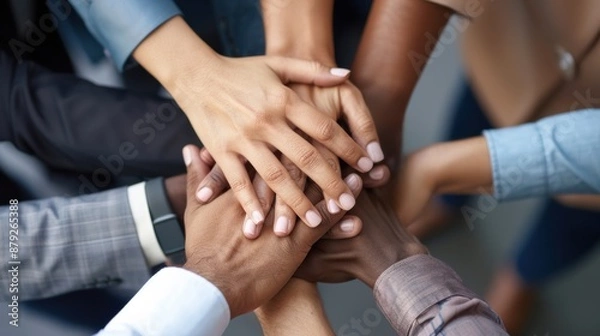 Fototapeta Unity and teamwork concept shown in a close up top view of business professionals putting their hands together.