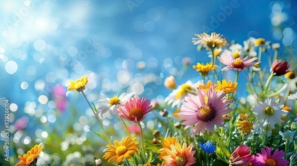 Obraz Colorful flower meadow with sunbeams and blue sky and bokeh lights in summer