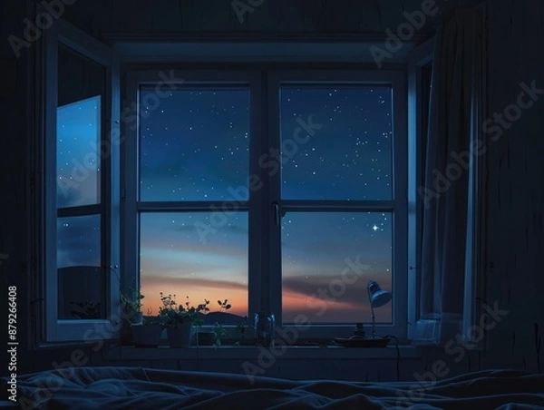 Fototapeta Open Window with Night Sky View, A Serene Nocturnal Scene