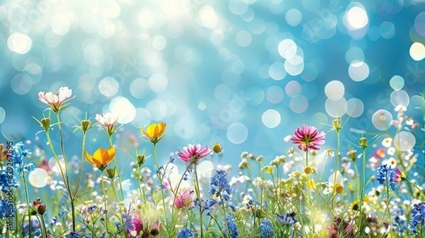 Obraz Colorful flower meadow with sunbeams and blue sky and bokeh lights in summer