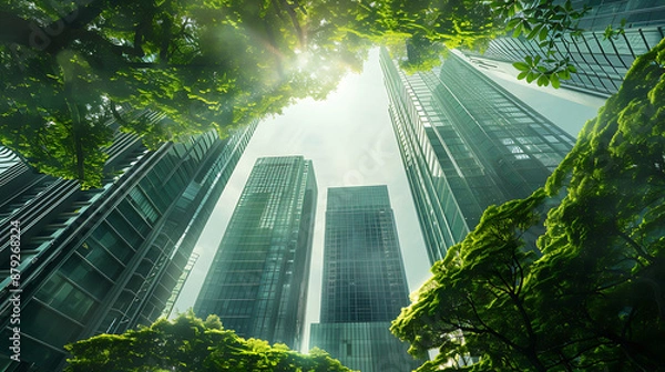 Fototapeta A stunning view looking up at modern skyscrapers intertwined with lush green foliage. The image represents the harmony between urban development and environmental sustainability, highlighting corporat