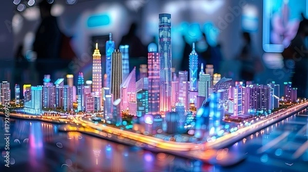 Fototapeta Illuminated Cityscape Model with Blurry Foreground