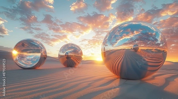 Fototapeta Three Shiny Spheres Reflecting Sunset in Desert