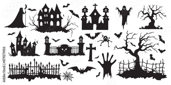 Fototapeta Vector set of black silhouettes on a white background, spooky elements for Halloween