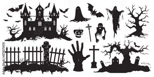 Fototapeta Vector set of black silhouettes on a white background, spooky elements for Halloween