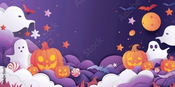Fototapeta Halloween background with pumpkins, candy and stars in the paper cut style of an artist on a purple colored banner for web design or print.