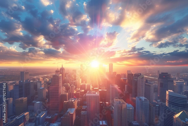 Fototapeta Sunset Backlight Shining Through CBD Skyscrapers