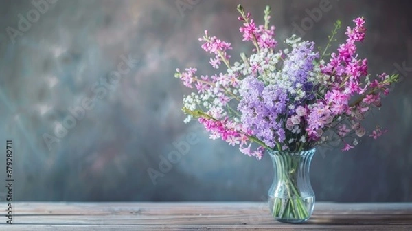 Fototapeta Arrangement of purple hyacinth and pink gypsophila flowers in a vase Concept for florist displays or home decor Focus on specific details Ample space for text