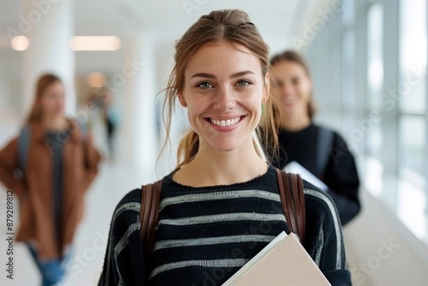Fototapeta Smiling College Students in Hallway Embracing Education, Knowledge, Learning