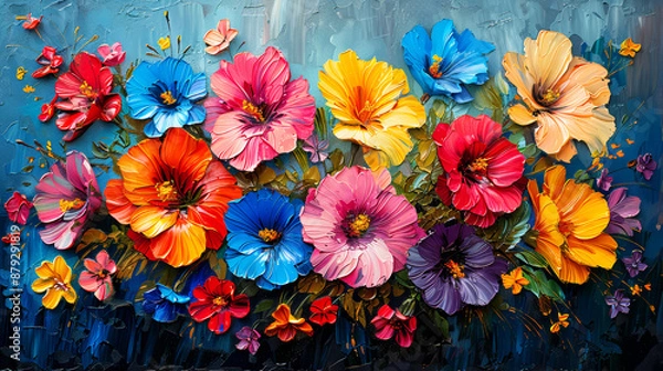 Fototapeta Colorful flowers on a blue background. Oil painting on canvas.