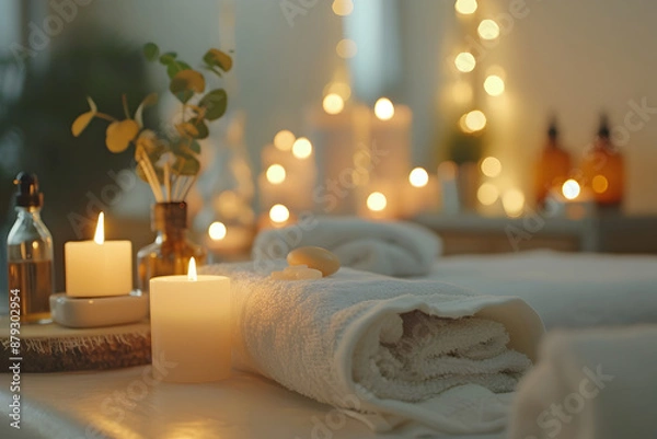 Fototapeta Luxurious spa setting with candles, essential oils, and a plush massage table, emphasizing relaxation, self-care, and wellness.


