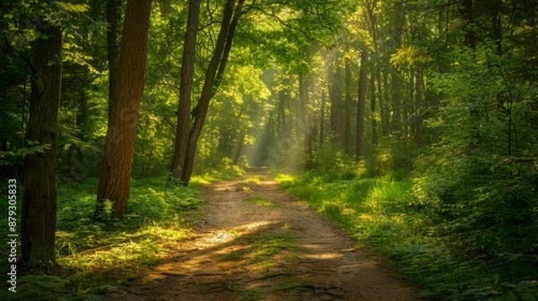Fototapeta A peaceful forest trail with sunlight filtering through the trees, perfect for outdoor exercise. High quality images