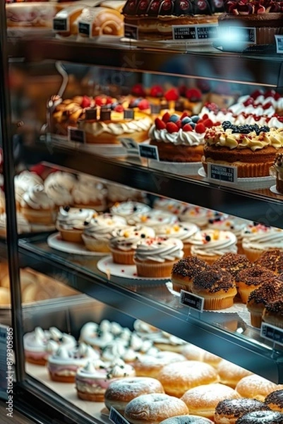 Fototapeta shop window with cakes. Selective focus