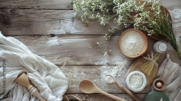 Fototapeta Rustic baking ingredients and utensils on wooden table