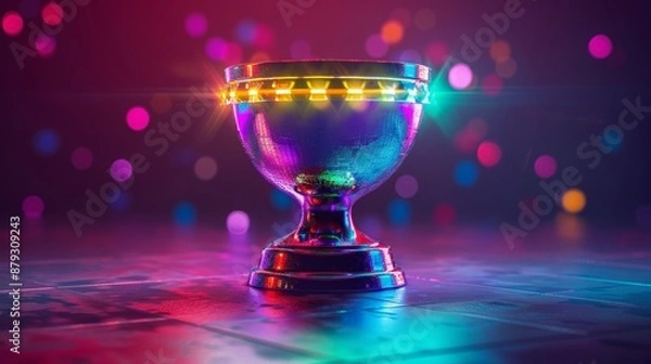 Fototapeta A futuristic 3D illustration of a holographic trophy, floating in the air and changing colors, representing the integration of technology and celebration.