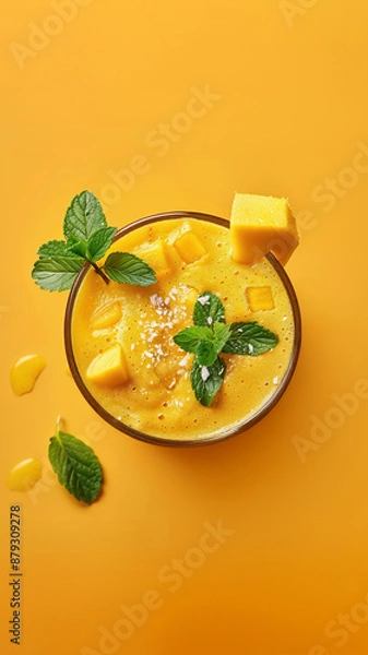 Fototapeta Fresh Mango Smoothie With Mint Leaves And Mango Chunks