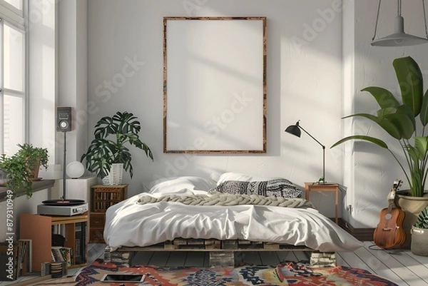 Fototapeta beautiful colored mockup bedroom with blank poster decoration art background image generative AI