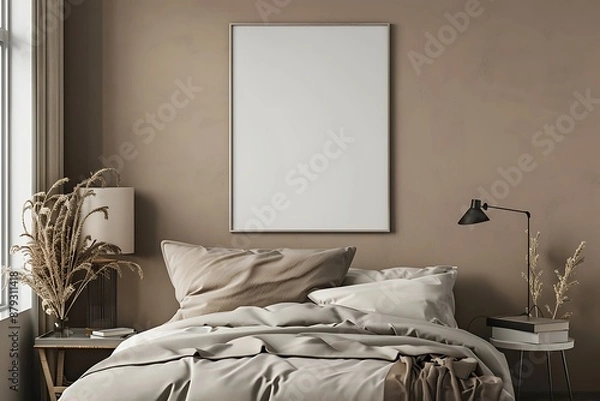 Fototapeta beautiful colored mockup bedroom with blank poster decoration art background image generative AI