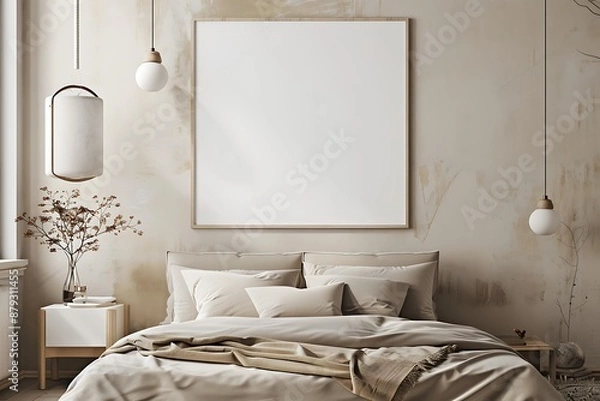 Obraz beautiful colored mockup bedroom with blank poster decoration art background image generative AI