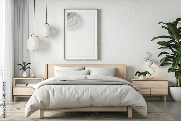 Fototapeta beautiful colored mockup bedroom with blank poster decoration art background image generative AI