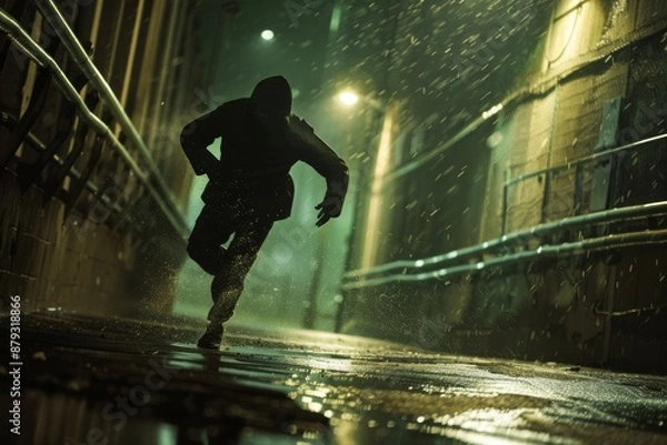 Fototapeta A hooded figure runs through a dark, rainy alley, creating a tense atmosphere.