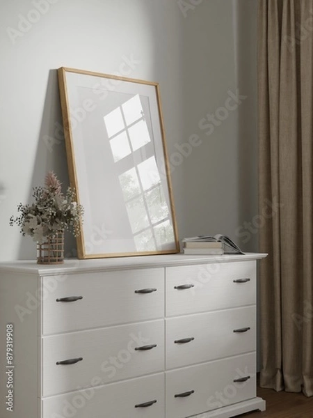 Fototapeta Mockup poster wood frame in empty picture living room, element interior vertical, on the wall. in illustration 3d rendering.