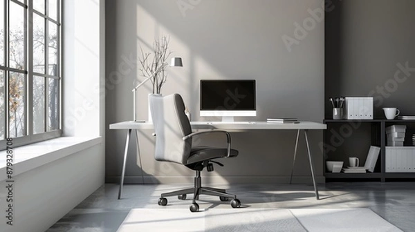 Obraz Minimalist workspace with a sleek desk, ergonomic chair, and laptop setup.