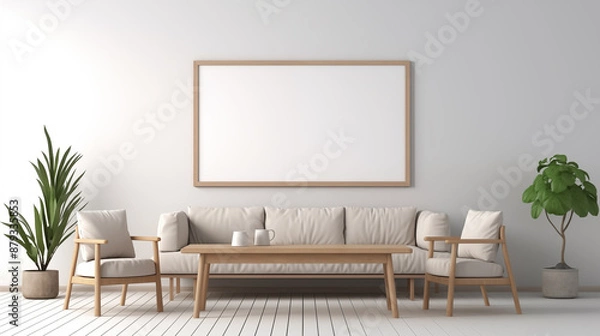 Fototapeta a white couch and two chairs in a room with a large frame on the wall