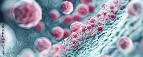 Obraz High-resolution microscopic image of a cell's membrane with genetic material highlighted, Genetics, Educational Illustration