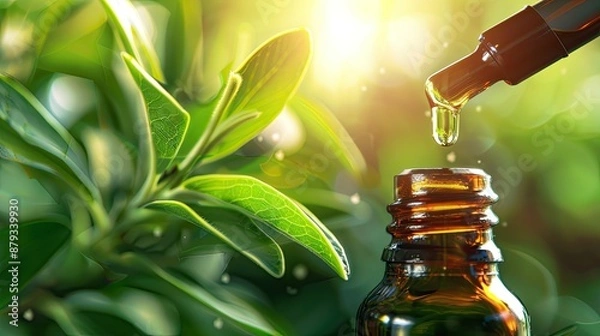 Fototapeta tea tree essential oil drips into the bottle. Selective focus