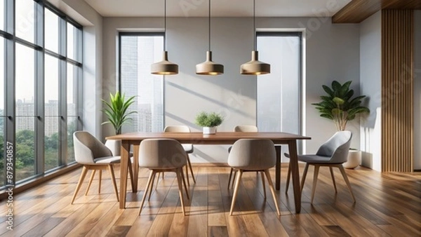 Fototapeta Contemporary empty room with sleek wooden floor, minimalist decor, and elegantly set table with four chairs, perfect for mockups.