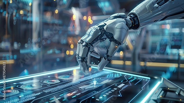 Fototapeta Advanced Robotic Hand Operating Futuristic Digital Interface