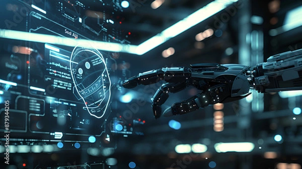 Fototapeta Futuristic Robotic Hand Interacting with AI Interface