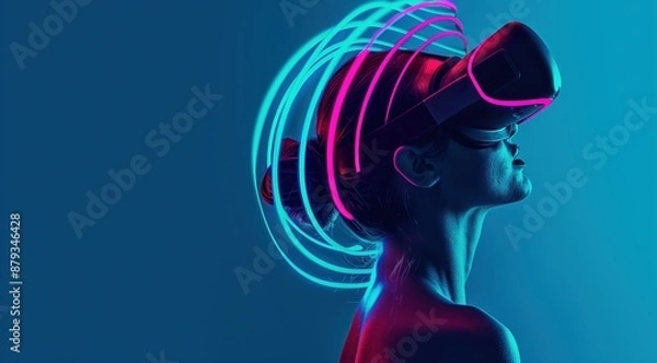 Fototapeta Woman in modern VR headset , neon lines swirling around her head.  Profile view. dark blue back