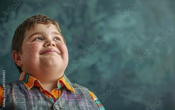 Obraz Chubby schoolboy in front of school blackboard in the classroom. Empty space to add text. Ai generative