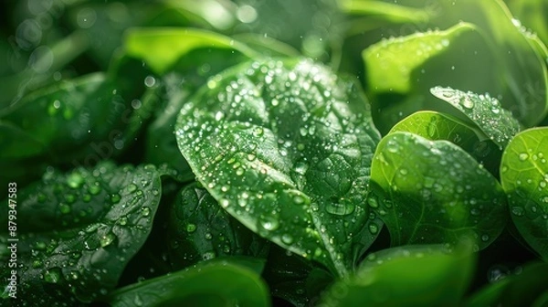 Obraz Close-up of fresh, dewy spinach leaves in a bunch